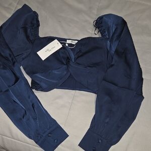 Navy Blue Crop Top with Long Sleeves